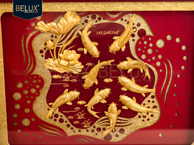 Tranh Cửu Ngư Quần Hội Dát Vàng 24k Nền Đỏ